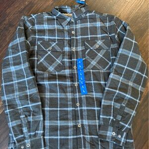 Blue and Black Plaid Button-Up Shirt cozy men’s jacket size large